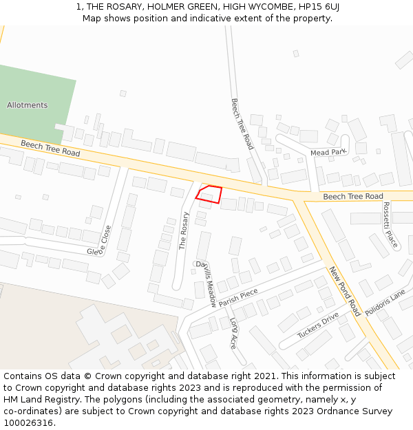 1, THE ROSARY, HOLMER GREEN, HIGH WYCOMBE, HP15 6UJ: Location map and indicative extent of plot