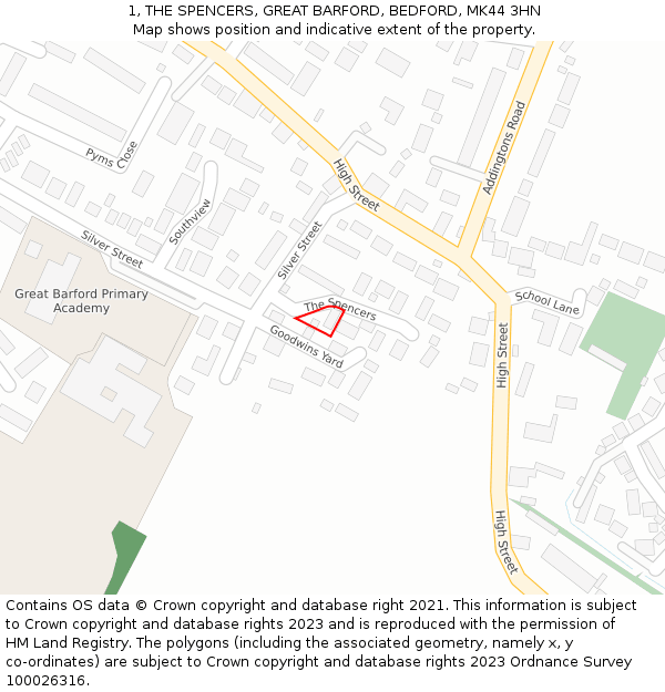 1, THE SPENCERS, GREAT BARFORD, BEDFORD, MK44 3HN: Location map and indicative extent of plot