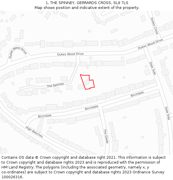 1, THE SPINNEY, GERRARDS CROSS, SL9 7LS: Location map and indicative extent of plot