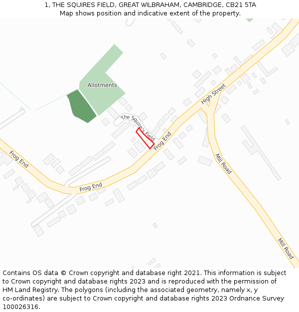 1, THE SQUIRES FIELD, GREAT WILBRAHAM, CAMBRIDGE, CB21 5TA: Location map and indicative extent of plot