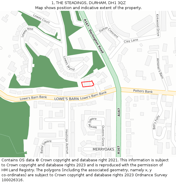 1, THE STEADINGS, DURHAM, DH1 3QZ: Location map and indicative extent of plot