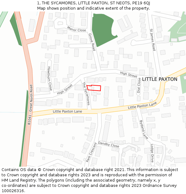 1, THE SYCAMORES, LITTLE PAXTON, ST NEOTS, PE19 6QJ: Location map and indicative extent of plot