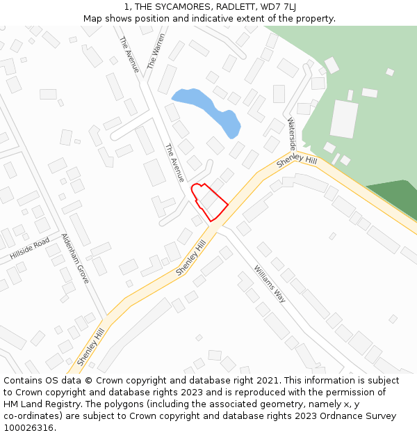 1, THE SYCAMORES, RADLETT, WD7 7LJ: Location map and indicative extent of plot