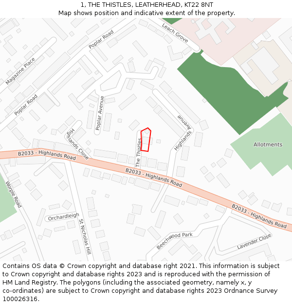 1, THE THISTLES, LEATHERHEAD, KT22 8NT: Location map and indicative extent of plot