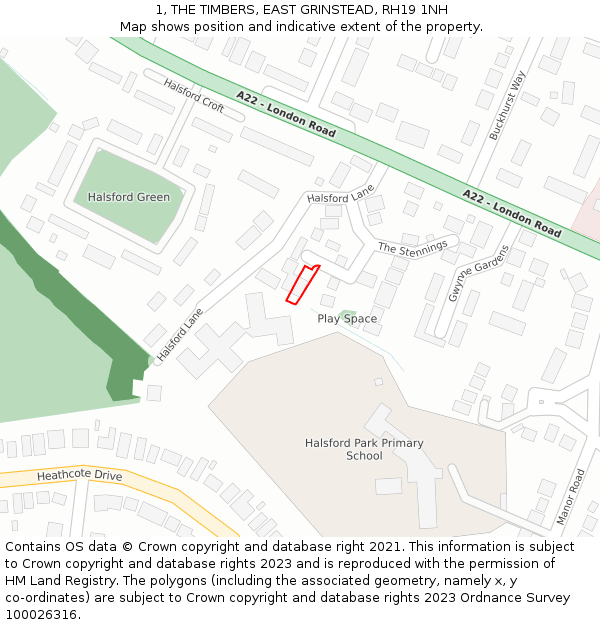 1, THE TIMBERS, EAST GRINSTEAD, RH19 1NH: Location map and indicative extent of plot