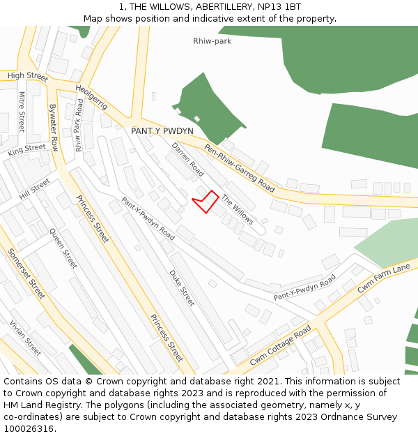 1, THE WILLOWS, ABERTILLERY, NP13 1BT: Location map and indicative extent of plot