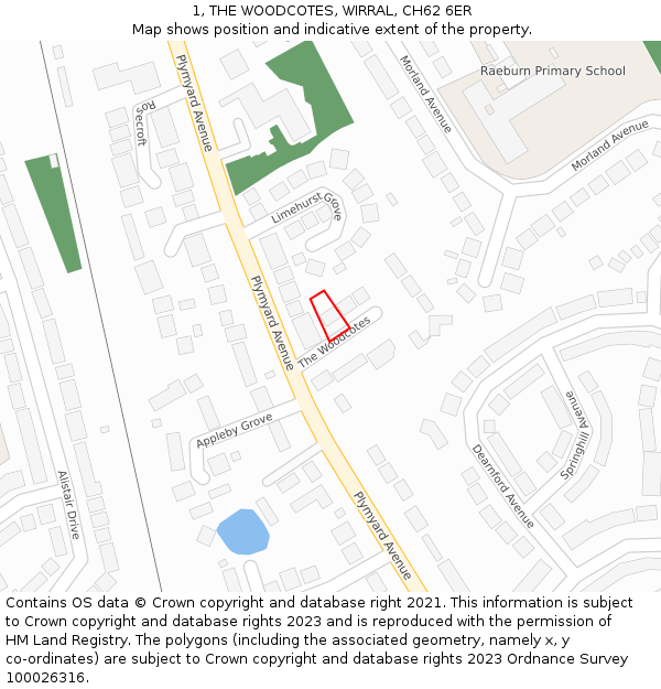 1, THE WOODCOTES, WIRRAL, CH62 6ER: Location map and indicative extent of plot