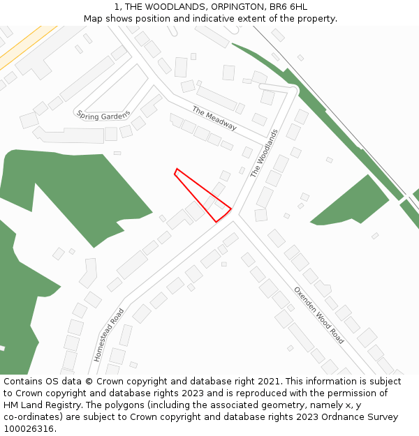 1, THE WOODLANDS, ORPINGTON, BR6 6HL: Location map and indicative extent of plot
