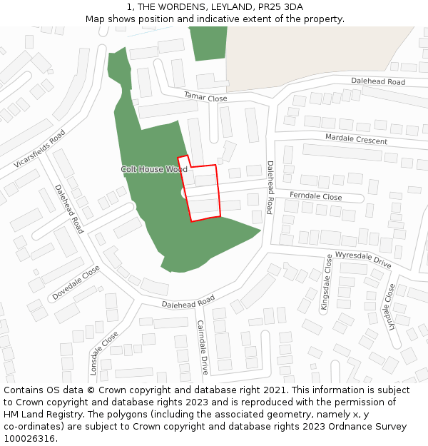 1, THE WORDENS, LEYLAND, PR25 3DA: Location map and indicative extent of plot