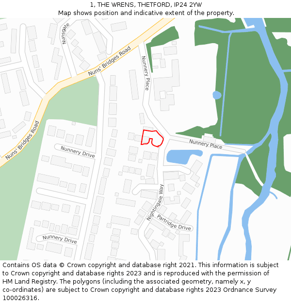 1, THE WRENS, THETFORD, IP24 2YW: Location map and indicative extent of plot