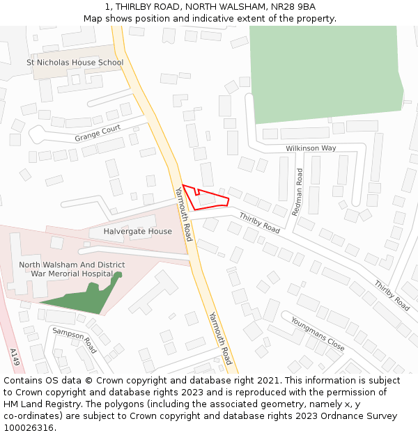 1, THIRLBY ROAD, NORTH WALSHAM, NR28 9BA: Location map and indicative extent of plot