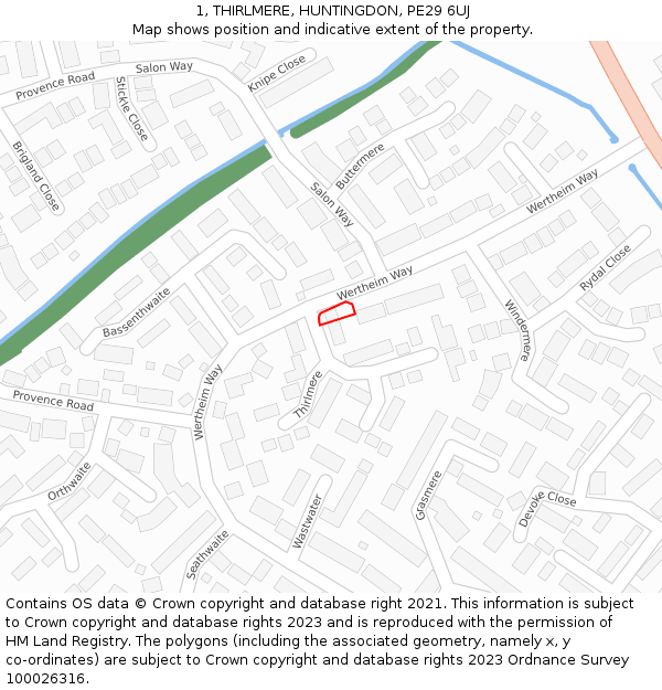 1, THIRLMERE, HUNTINGDON, PE29 6UJ: Location map and indicative extent of plot