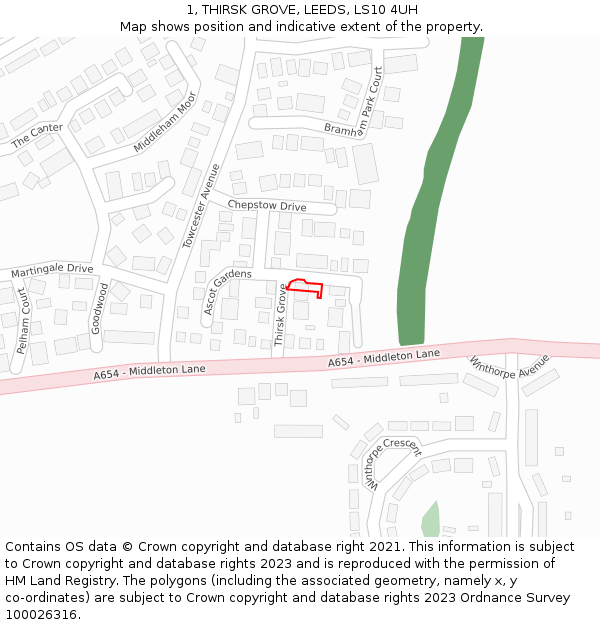 1, THIRSK GROVE, LEEDS, LS10 4UH: Location map and indicative extent of plot