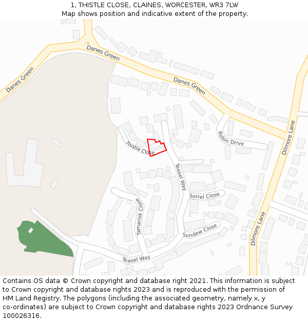 1, THISTLE CLOSE, CLAINES, WORCESTER, WR3 7LW: Location map and indicative extent of plot