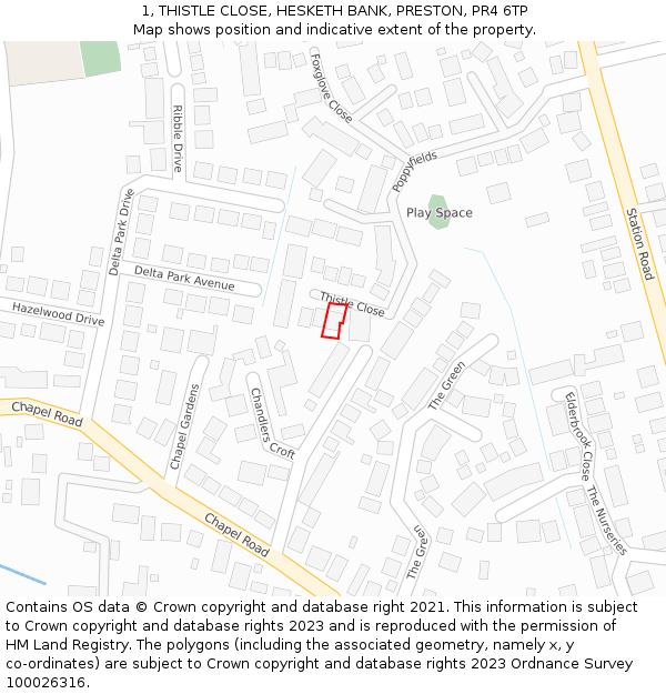1, THISTLE CLOSE, HESKETH BANK, PRESTON, PR4 6TP: Location map and indicative extent of plot