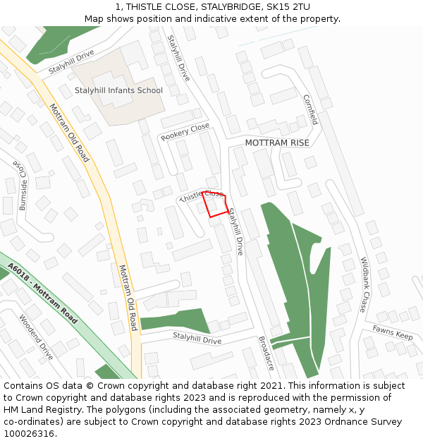 1, THISTLE CLOSE, STALYBRIDGE, SK15 2TU: Location map and indicative extent of plot
