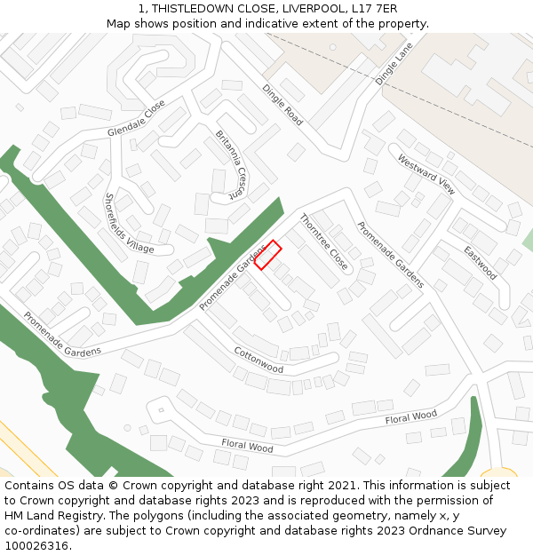 1, THISTLEDOWN CLOSE, LIVERPOOL, L17 7ER: Location map and indicative extent of plot