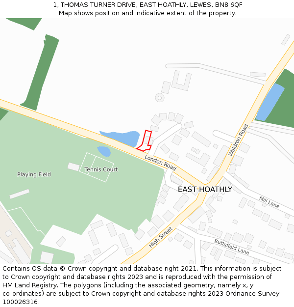 1, THOMAS TURNER DRIVE, EAST HOATHLY, LEWES, BN8 6QF: Location map and indicative extent of plot