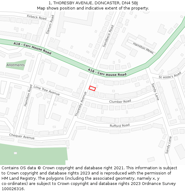 1, THORESBY AVENUE, DONCASTER, DN4 5BJ: Location map and indicative extent of plot