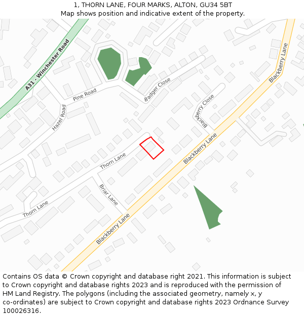 1, THORN LANE, FOUR MARKS, ALTON, GU34 5BT: Location map and indicative extent of plot