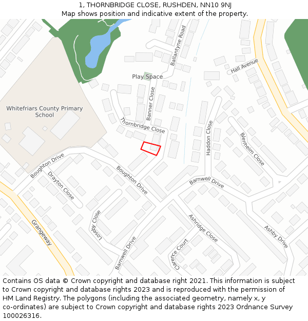 1, THORNBRIDGE CLOSE, RUSHDEN, NN10 9NJ: Location map and indicative extent of plot