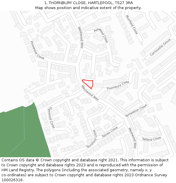 1, THORNBURY CLOSE, HARTLEPOOL, TS27 3RA: Location map and indicative extent of plot