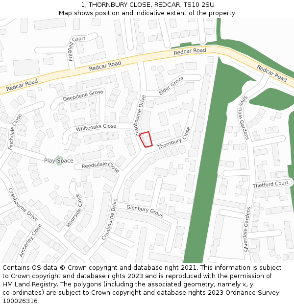 1, THORNBURY CLOSE, REDCAR, TS10 2SU: Location map and indicative extent of plot