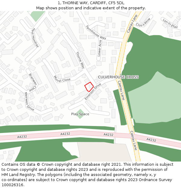 1, THORNE WAY, CARDIFF, CF5 5DL: Location map and indicative extent of plot