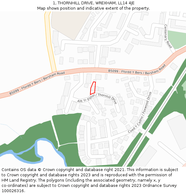 1, THORNHILL DRIVE, WREXHAM, LL14 4JE: Location map and indicative extent of plot