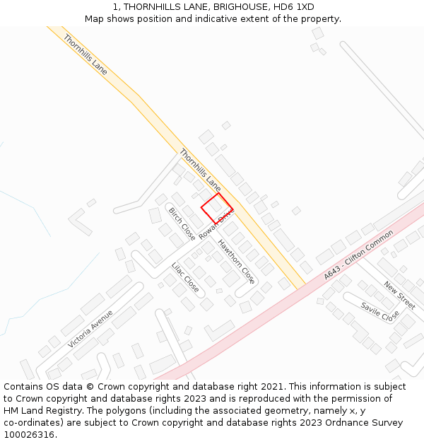 1, THORNHILLS LANE, BRIGHOUSE, HD6 1XD: Location map and indicative extent of plot