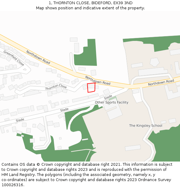 1, THORNTON CLOSE, BIDEFORD, EX39 3ND: Location map and indicative extent of plot