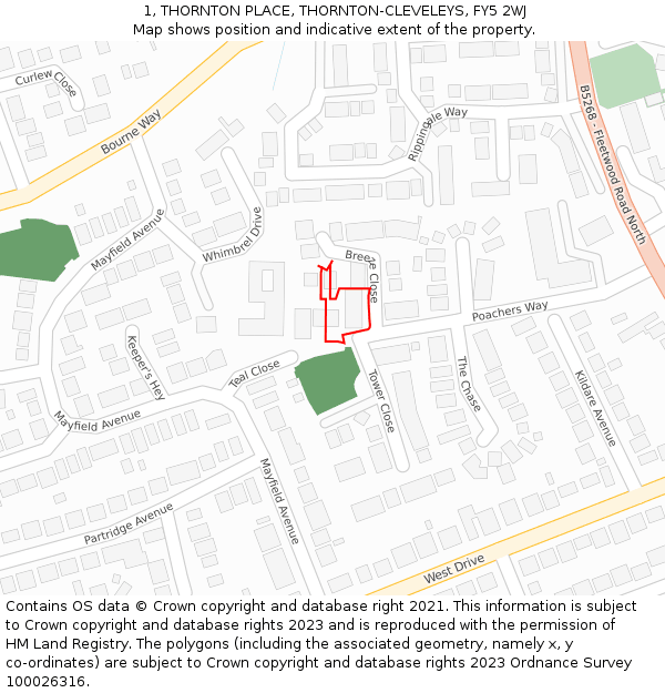 1, THORNTON PLACE, THORNTON-CLEVELEYS, FY5 2WJ: Location map and indicative extent of plot