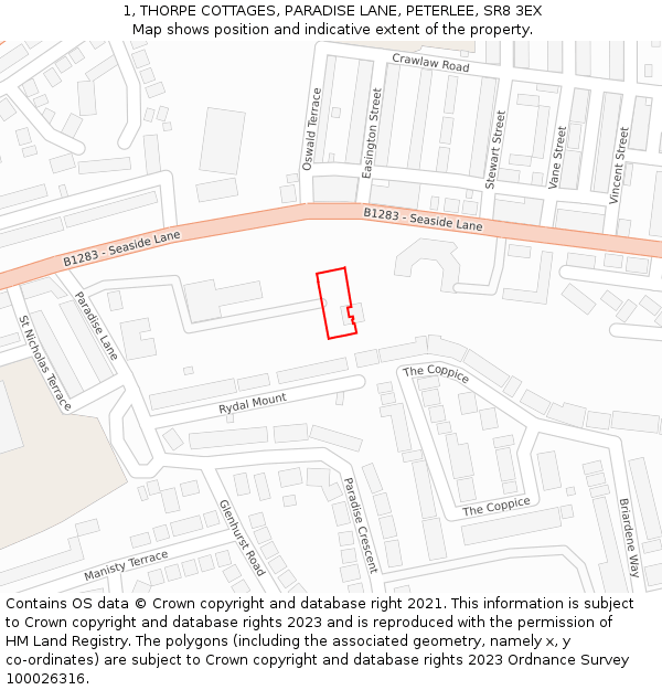 1, THORPE COTTAGES, PARADISE LANE, PETERLEE, SR8 3EX: Location map and indicative extent of plot