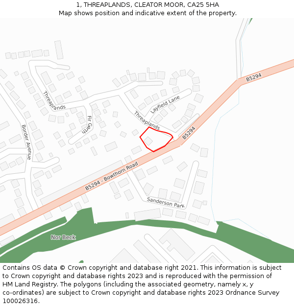 1, THREAPLANDS, CLEATOR MOOR, CA25 5HA: Location map and indicative extent of plot