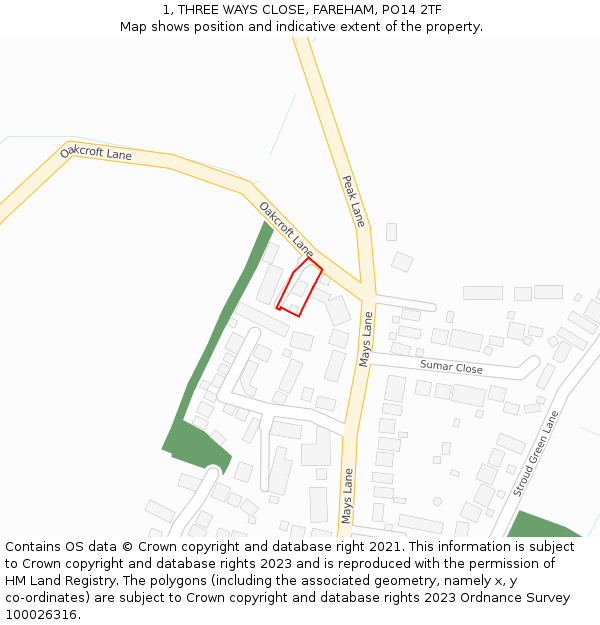 1, THREE WAYS CLOSE, FAREHAM, PO14 2TF: Location map and indicative extent of plot