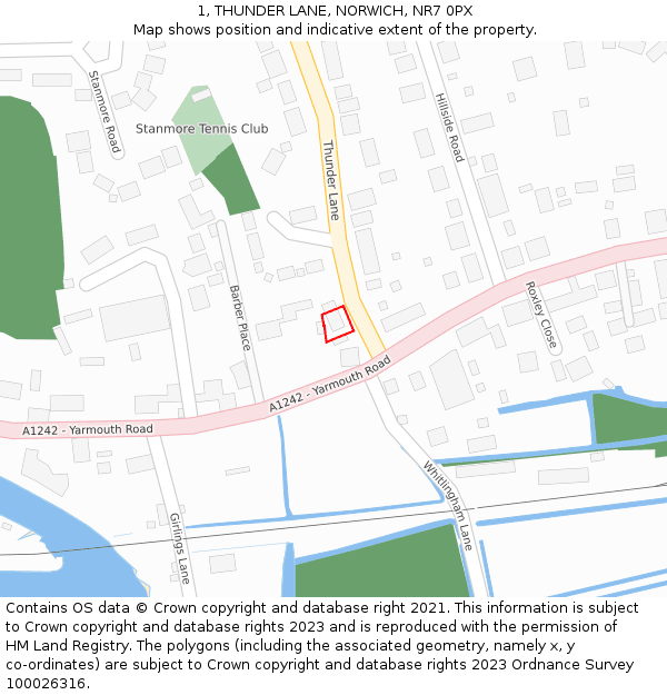 1, THUNDER LANE, NORWICH, NR7 0PX: Location map and indicative extent of plot