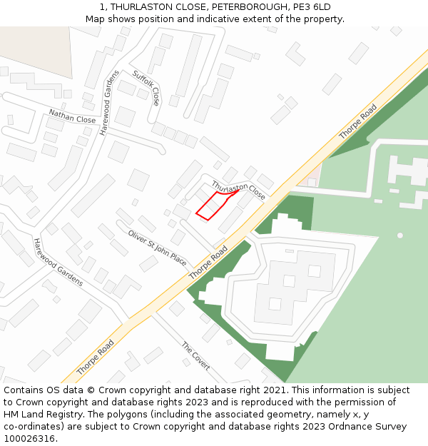 1, THURLASTON CLOSE, PETERBOROUGH, PE3 6LD: Location map and indicative extent of plot