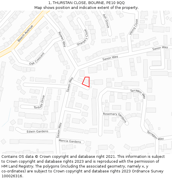 1, THURSTAN CLOSE, BOURNE, PE10 9QQ: Location map and indicative extent of plot