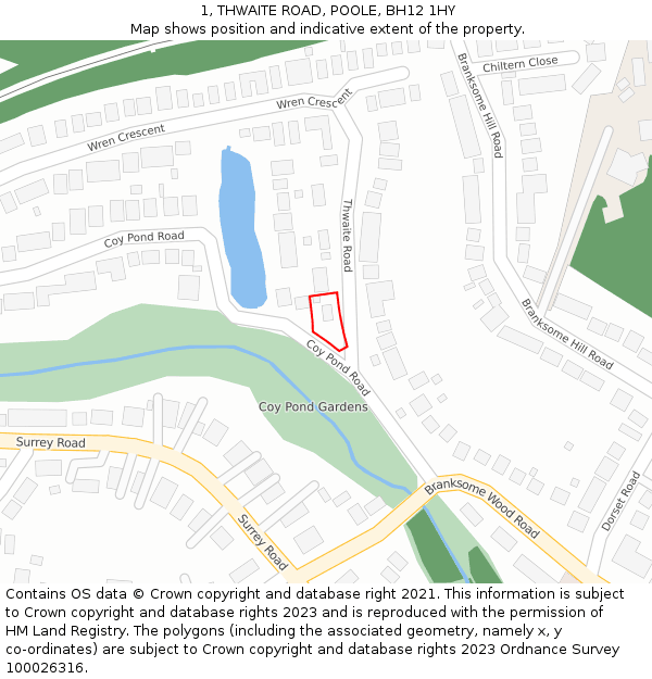 1, THWAITE ROAD, POOLE, BH12 1HY: Location map and indicative extent of plot