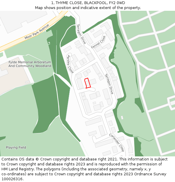 1, THYME CLOSE, BLACKPOOL, FY2 0WD: Location map and indicative extent of plot