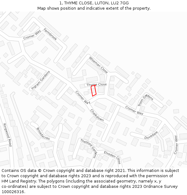 1, THYME CLOSE, LUTON, LU2 7GG: Location map and indicative extent of plot