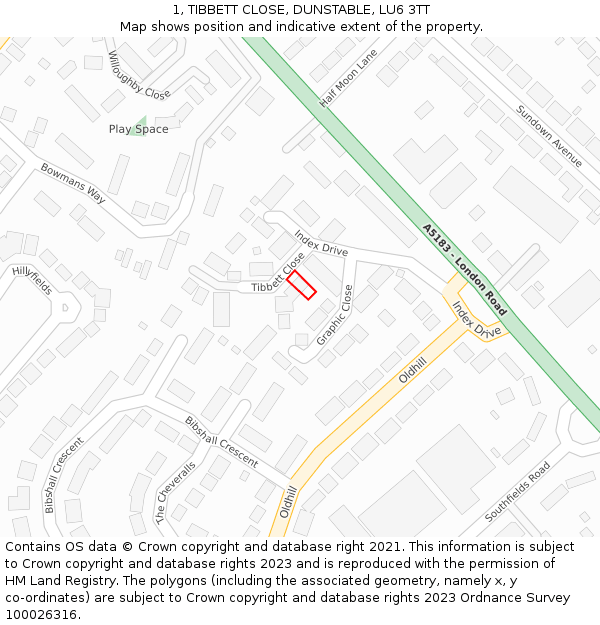 1, TIBBETT CLOSE, DUNSTABLE, LU6 3TT: Location map and indicative extent of plot