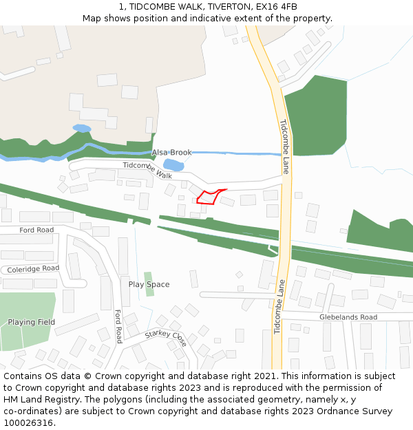 1, TIDCOMBE WALK, TIVERTON, EX16 4FB: Location map and indicative extent of plot