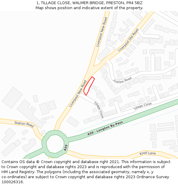 1, TILLAGE CLOSE, WALMER BRIDGE, PRESTON, PR4 5BZ: Location map and indicative extent of plot