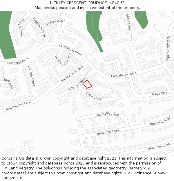 1, TILLEY CRESCENT, PRUDHOE, NE42 5FJ: Location map and indicative extent of plot