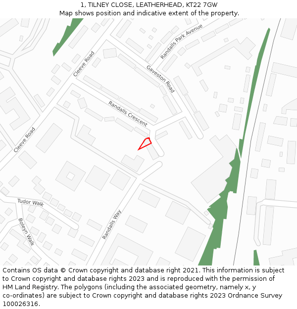 1, TILNEY CLOSE, LEATHERHEAD, KT22 7GW: Location map and indicative extent of plot