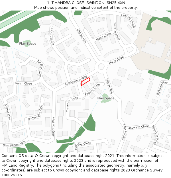 1, TIMANDRA CLOSE, SWINDON, SN25 4XN: Location map and indicative extent of plot