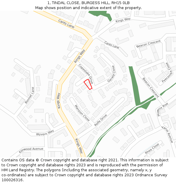 1, TINDAL CLOSE, BURGESS HILL, RH15 0LB: Location map and indicative extent of plot