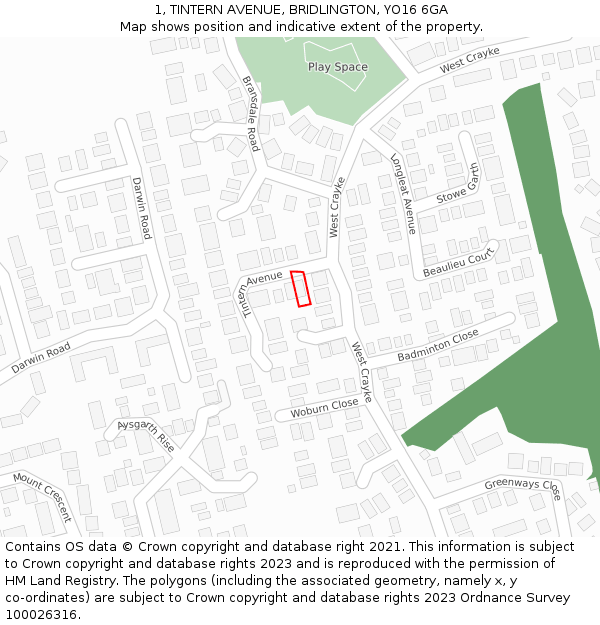 1, TINTERN AVENUE, BRIDLINGTON, YO16 6GA: Location map and indicative extent of plot