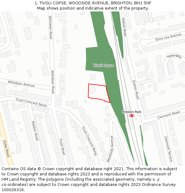 1, TIVOLI COPSE, WOODSIDE AVENUE, BRIGHTON, BN1 5NF: Location map and indicative extent of plot